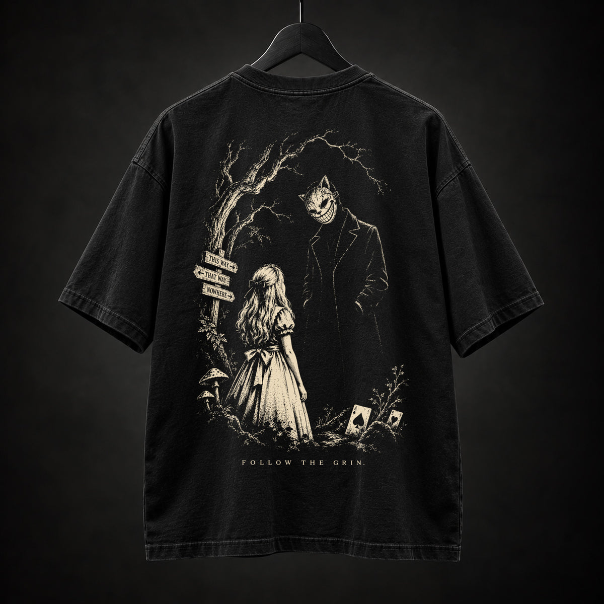 Follow the Grin washed black graphic T-shirt