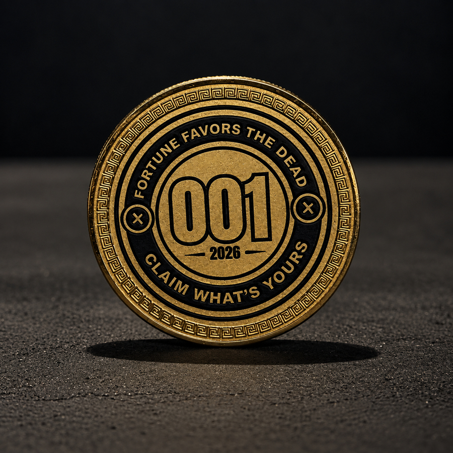 Cartoon Deadwork Golden Coin 001 back with Fortune Favors the Dead design
