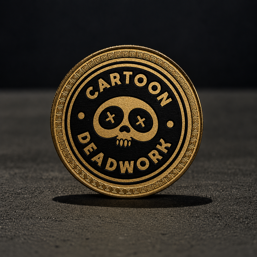 Cartoon Deadwork Golden Coin 001 front with skull logo